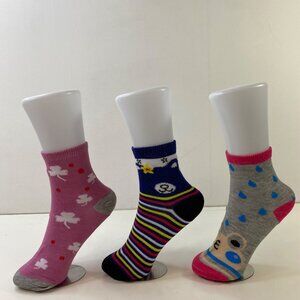 Womens Crew Socks Set 3 Stripes Dots Clover Frog Bear Print Pink Black Gray Blue